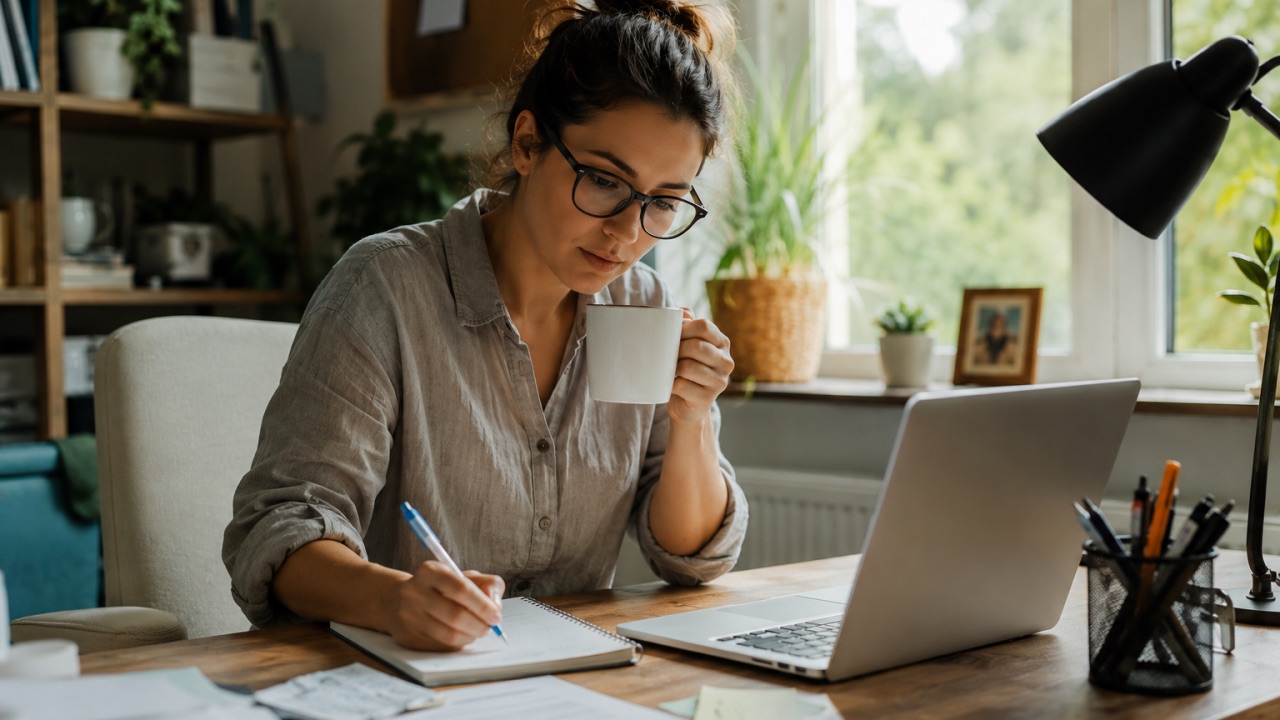 Woman with glasses writing notes beside her laptop at a bright home desk, coffee in hand